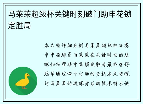 马莱莱超级杯关键时刻破门助申花锁定胜局