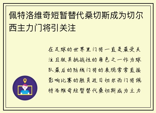 佩特洛维奇短暂替代桑切斯成为切尔西主力门将引关注 佩特洛维奇短暂替代桑切斯成为切尔西主力门将引关注