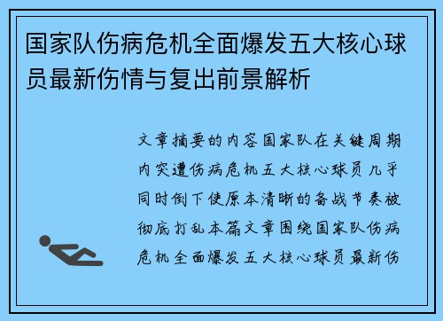 国家队伤病危机全面爆发五大核心球员最新伤情与复出前景解析 国家队伤病危机全面爆发五大核心球员最新伤情与复出前景解析